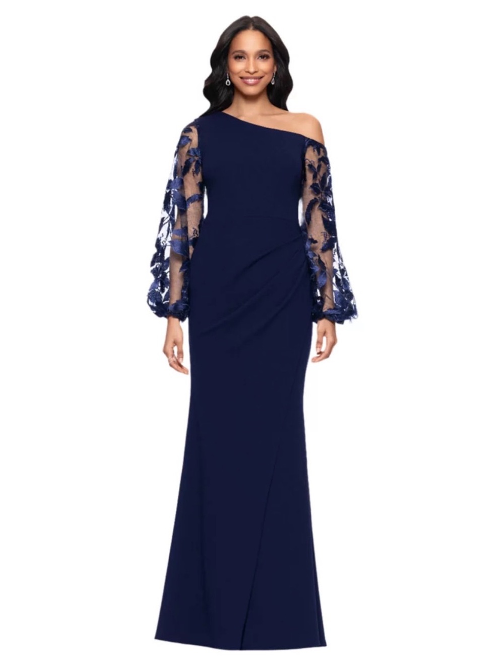 Betsy & Adam Navy One-Shoulder Gown with Sheer Embroidered Balloon Sleeves